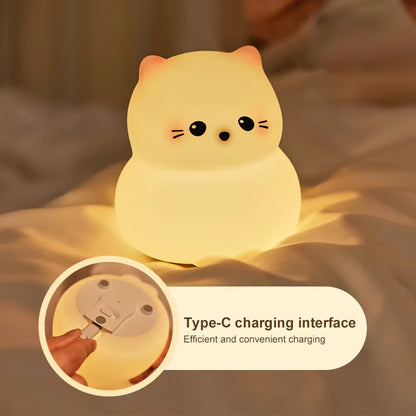 Guardian Kitty Silicone LED Night Lights USB Rechargeable Sleep Night Lamp Timing Bedside Room Decor Kids Baby Nightlight Gift